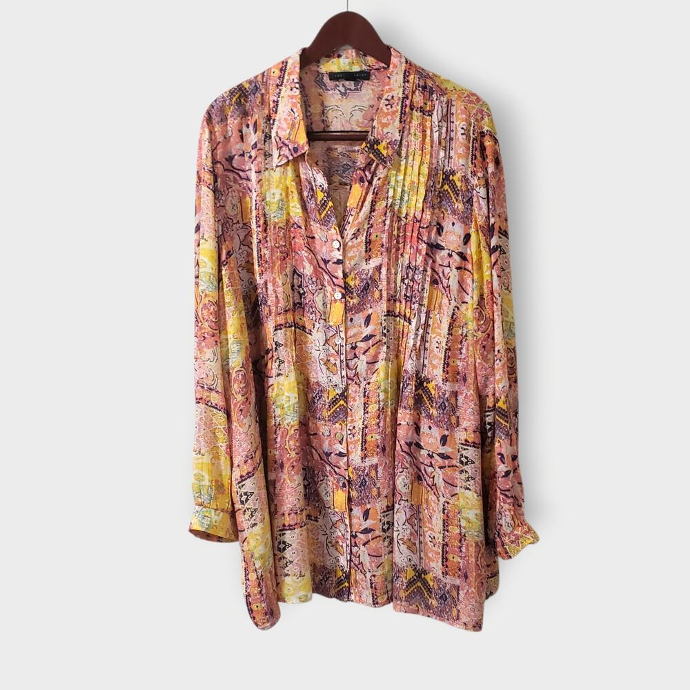 Jane + Delancey 3X Pink Abstract Pleated Button Up Shirt Artsy Lagen Colorful